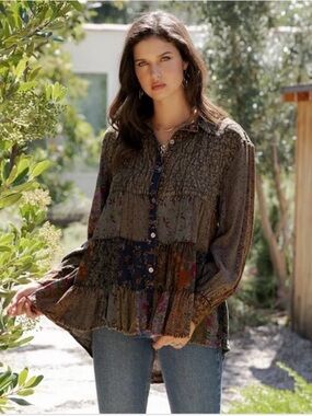K158 Young Threads Sz Lg Boho Patchwork Peasant Button Blouse Brown Multi NWT